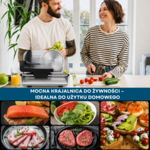 Krajalnica elektryczna do żywności z regulacją grubości krojenia do mięsa, pieczywa i owoców.