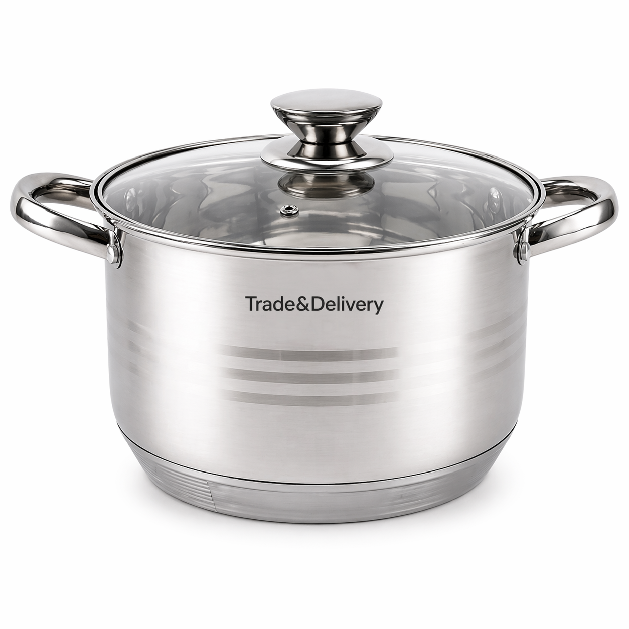 Duży garnek ze stali nierdzewnej Trade&Delivery z pokrywką szklaną, pojemny garnek do gotowania zup, makaronu i potraw jednogarnkowych.
