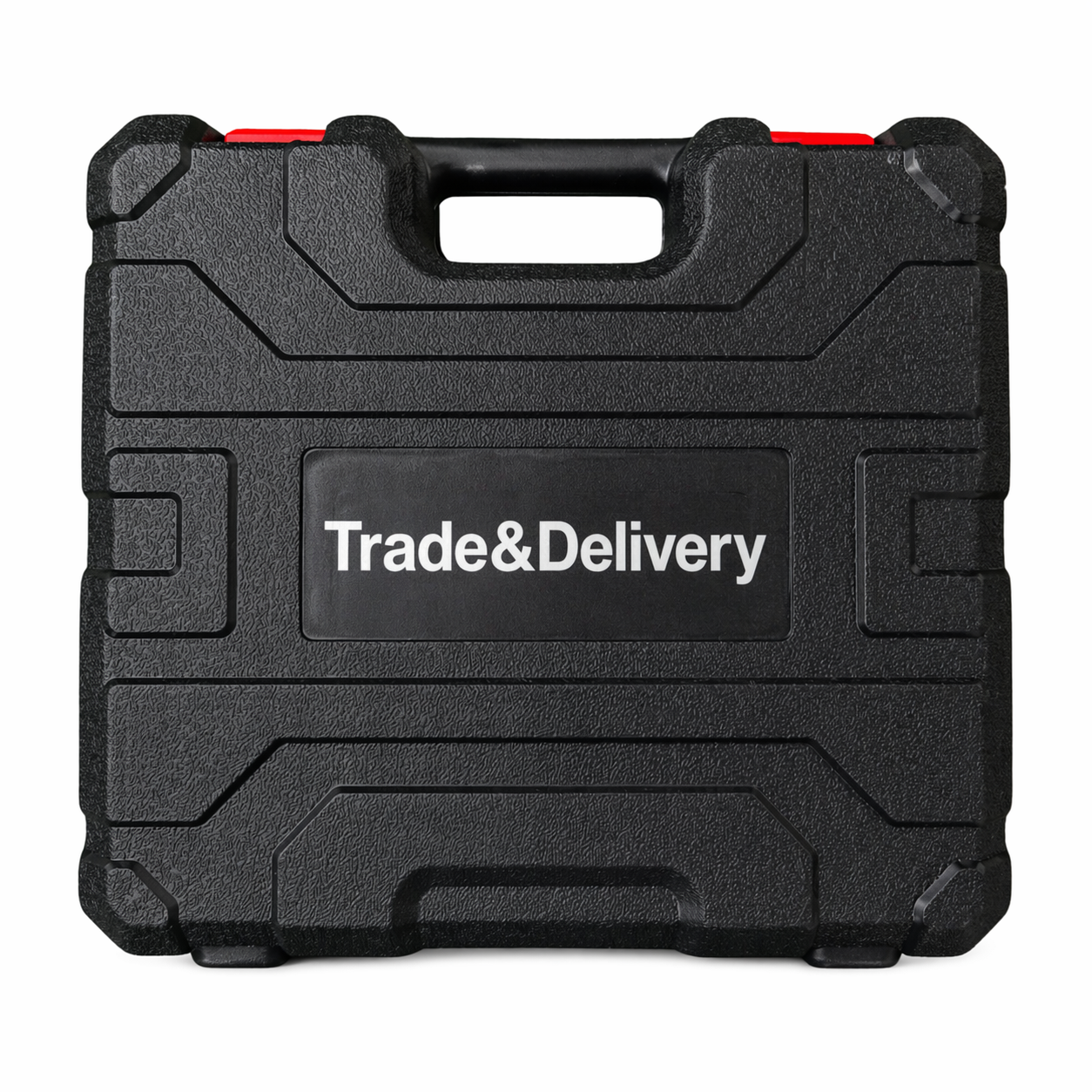 Akumulatorowy sekator ogrodowy Trade&Delivery 21V z ostrzami ze stali, ergonomiczny ręczny sekator elektryczny do cięcia gałęzi, krzewów i drzew owocowych, zdjęcie produktowe na białym tle.