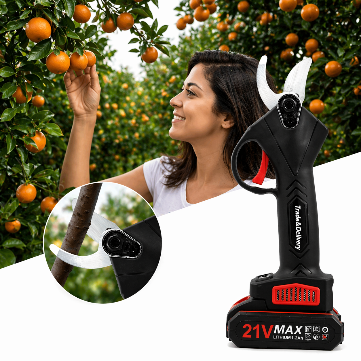 Bezprzewodowy sekator ogrodowy Trade&Delivery z baterią 21V MAX na białym tle.