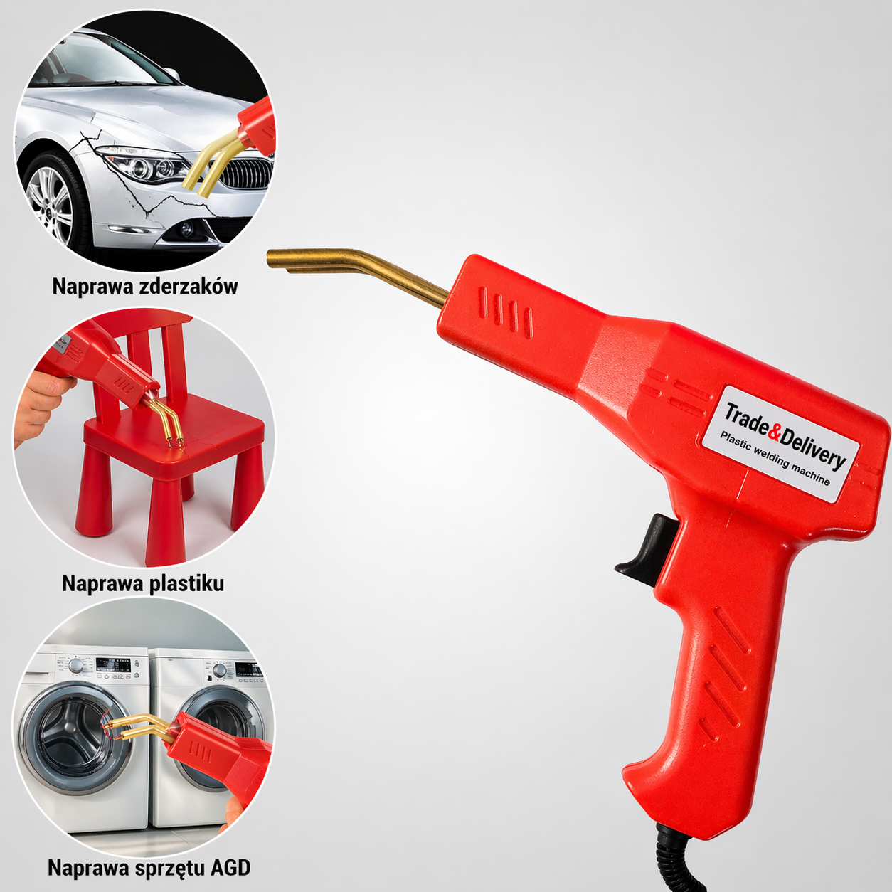 Pistolet do spawania plastiku Trade&Delivery z zastosowaniem do napraw tworzyw sztucznych.