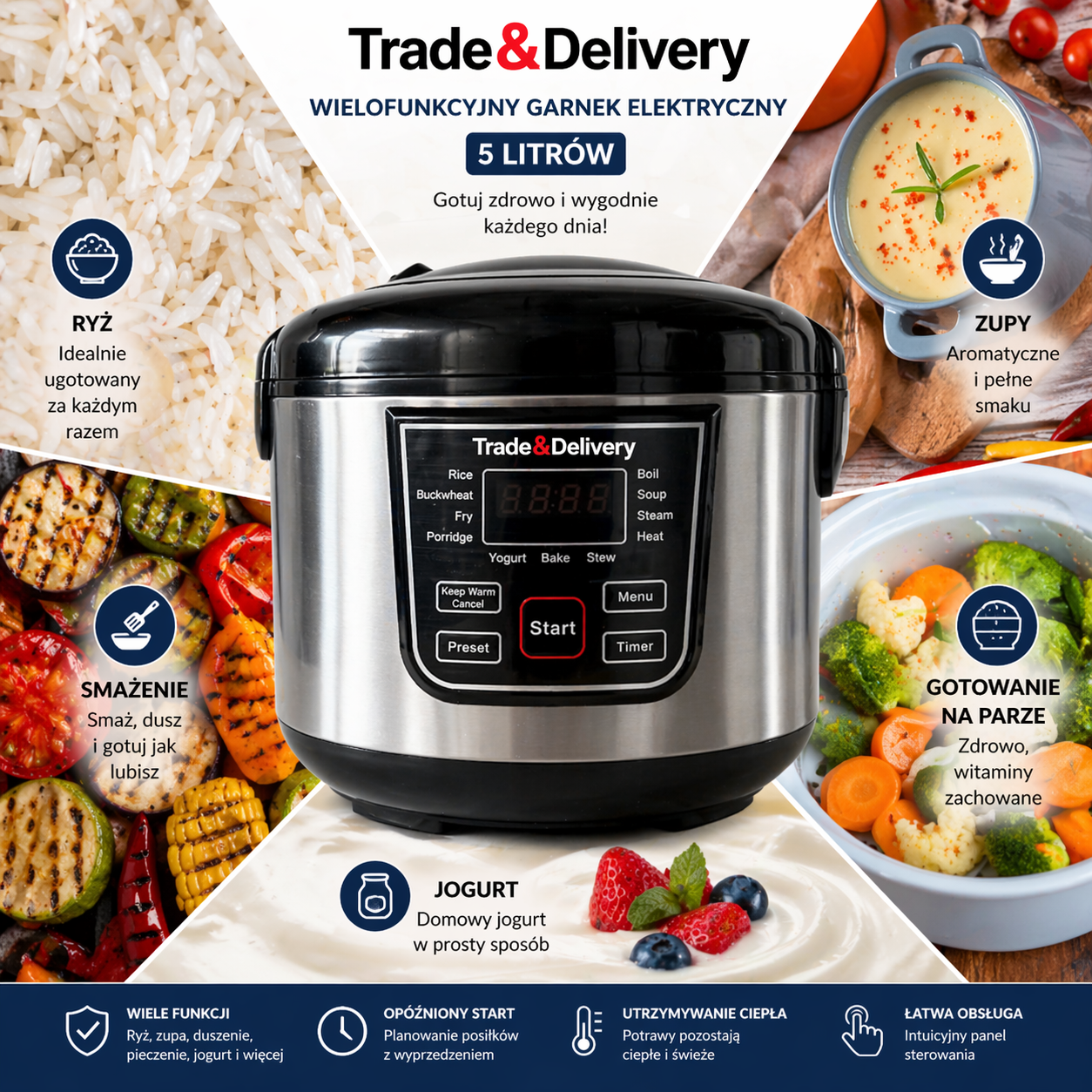 Garnek elektryczny Trade&Delivery 4 litry z funkcją utrzymania temperatury i gotowania ryżu