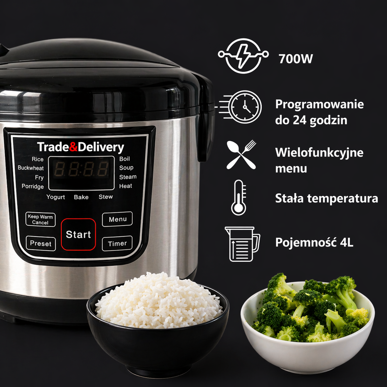 Garnek elektryczny Trade&Delivery z funkcją opóźnionego startu i pojemnością 4 litry