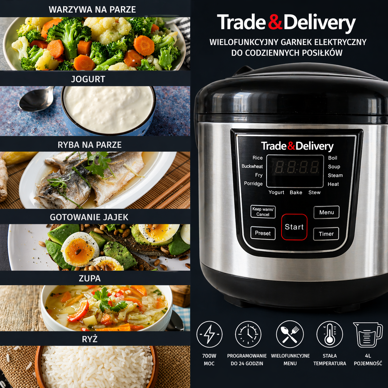 Multicooker Trade&Delivery do przygotowywania ryżu, warzyw i codziennych posiłków
