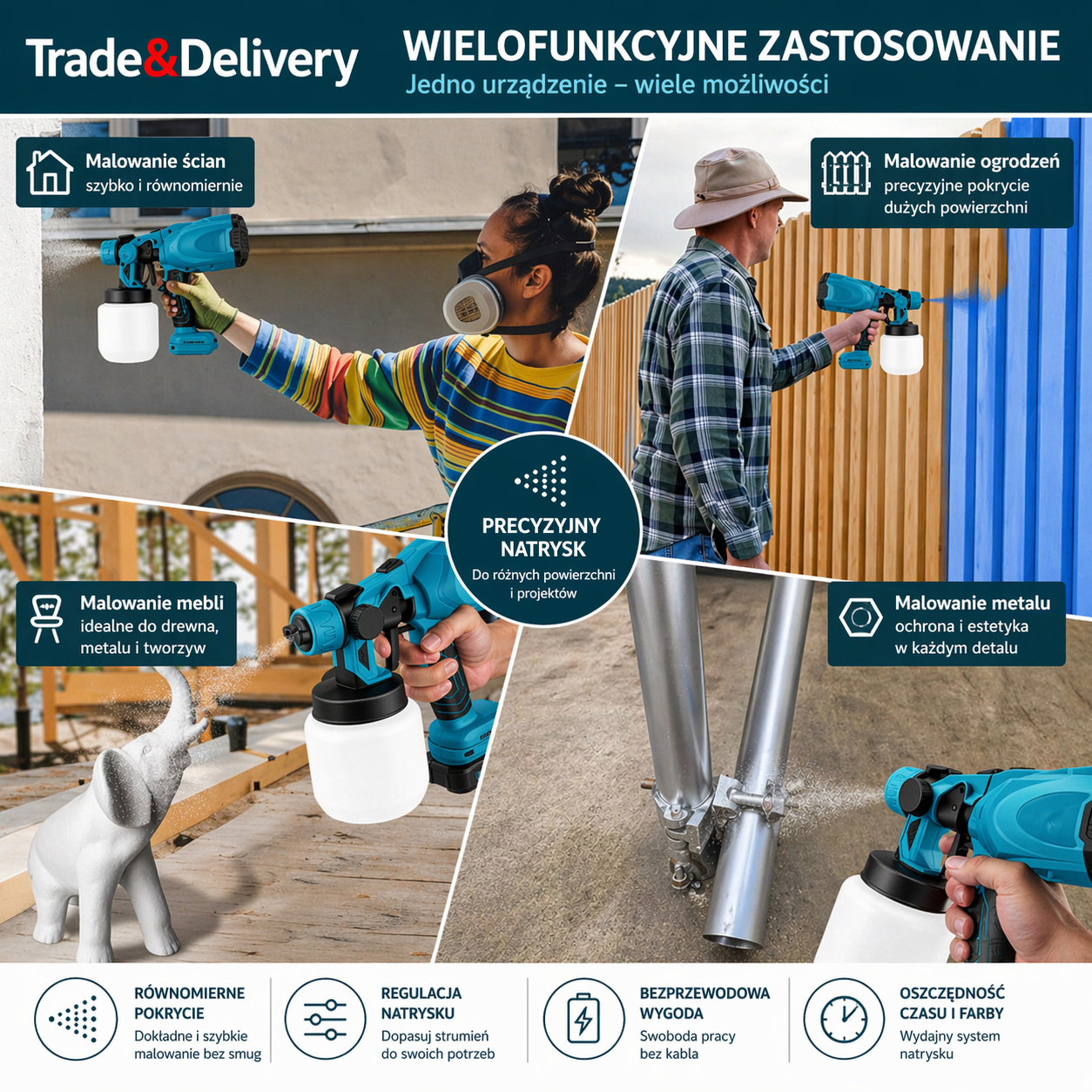 Bezprzewodowy pistolet do malowania Trade&Delivery z obrotową dyszą i kontrolą rozpylania