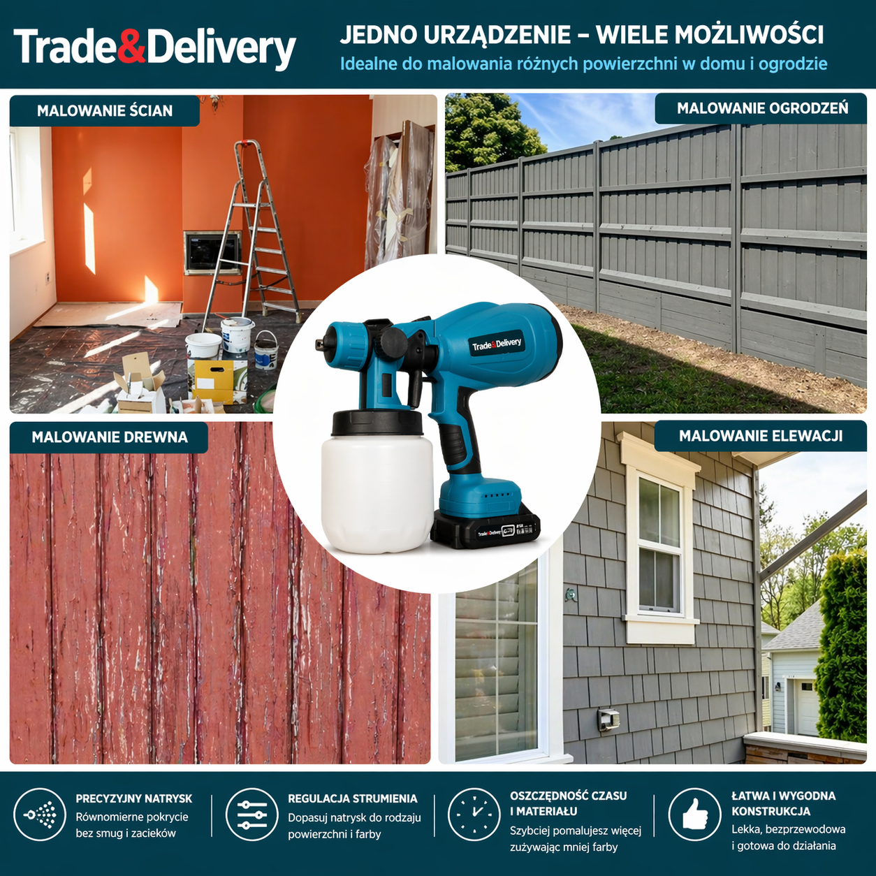 Regulacja strumienia w pistolecie malarskim Trade&Delivery – natrysk pionowy, poziomy i punktowy
