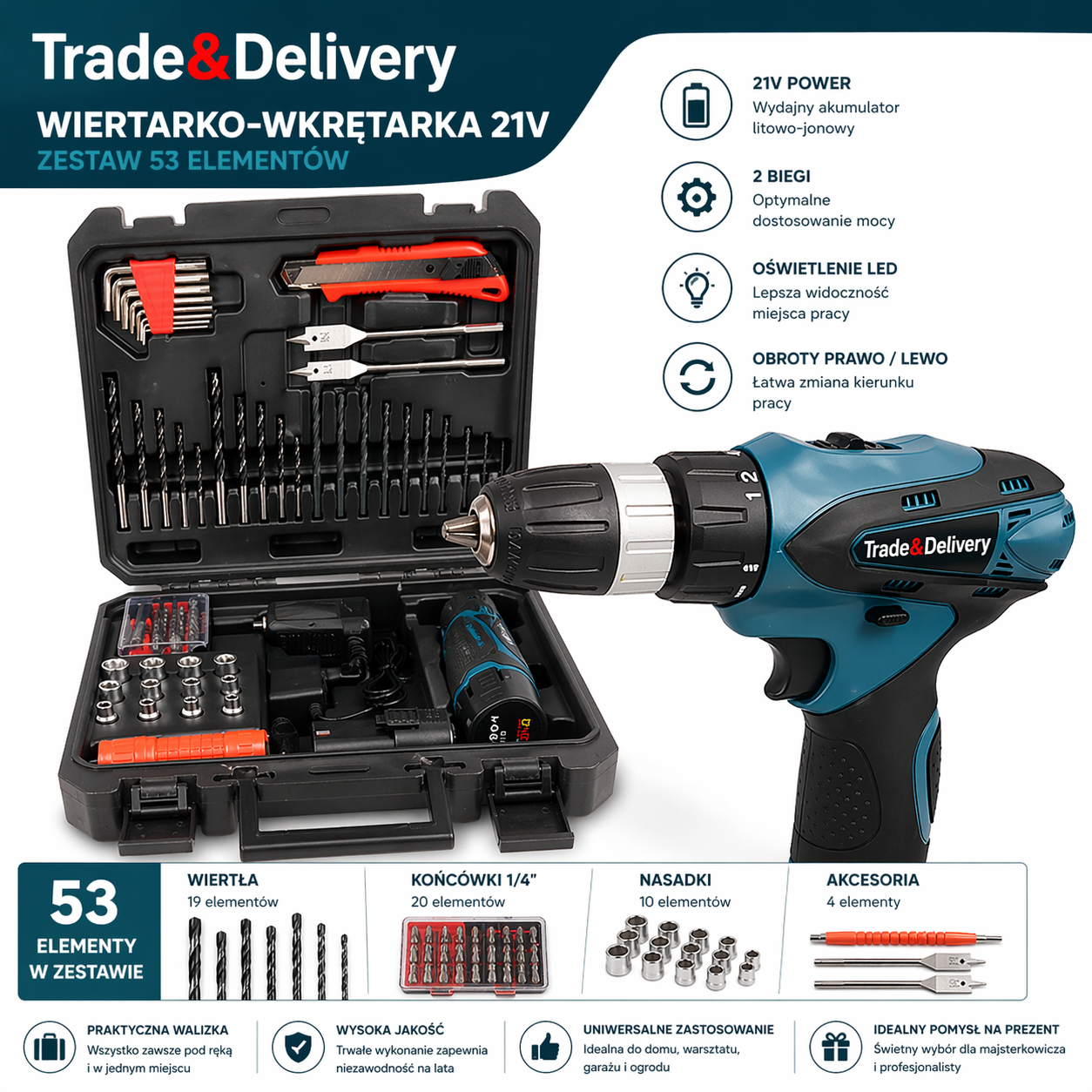 Wkrętarko-wkrętarka akumulatorowa Trade&Delivery z zestawem akcesoriów w walizce