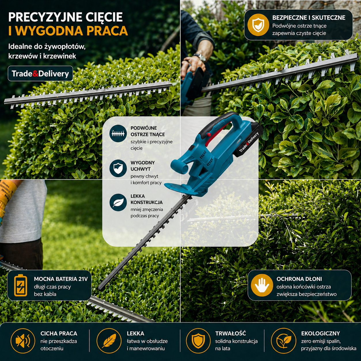 Akumulatorowe nożyce do żywopłotu Trade&Delivery z baterią 21V