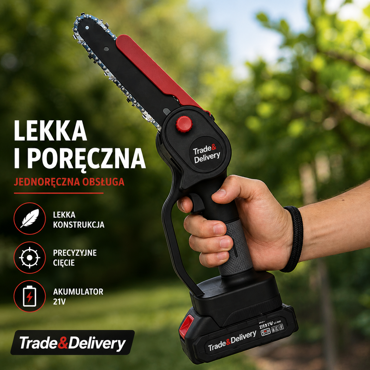 Kompaktowa piła akumulatorowa Trade&Delivery w użyciu podczas cięcia konaru